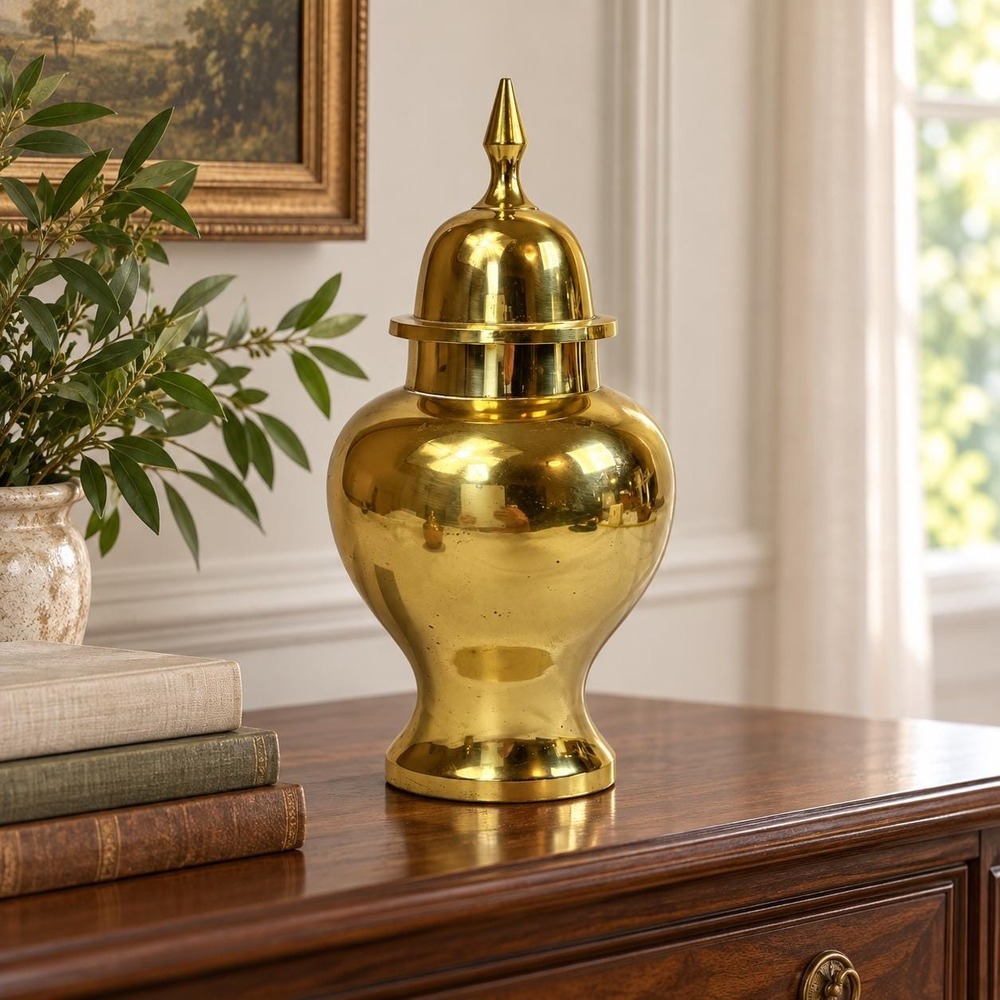 Vintage Solid Brass Ginger Jar Urn 12" Lidded Vase India Hollywood Regency - Picture 2 of 11